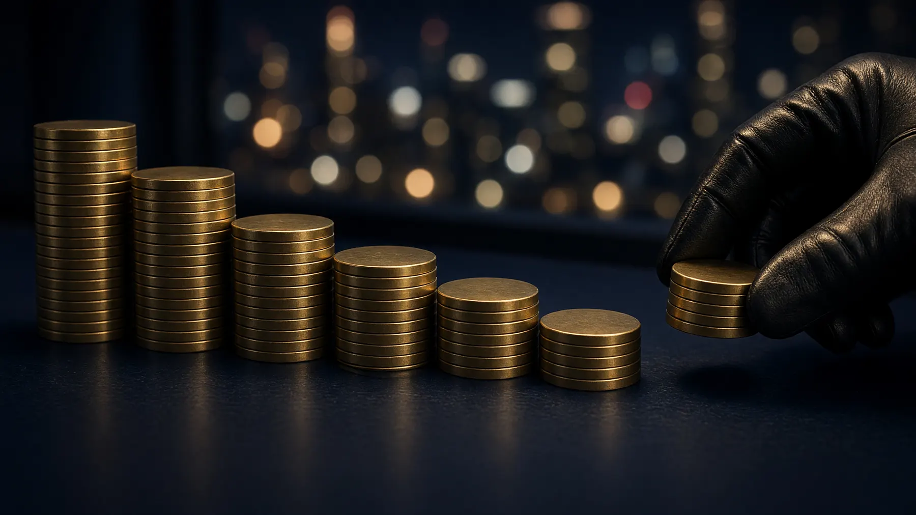 Stacks of brass tokens arranged like a falling bar chart, with a gloved hand lifting one stack away