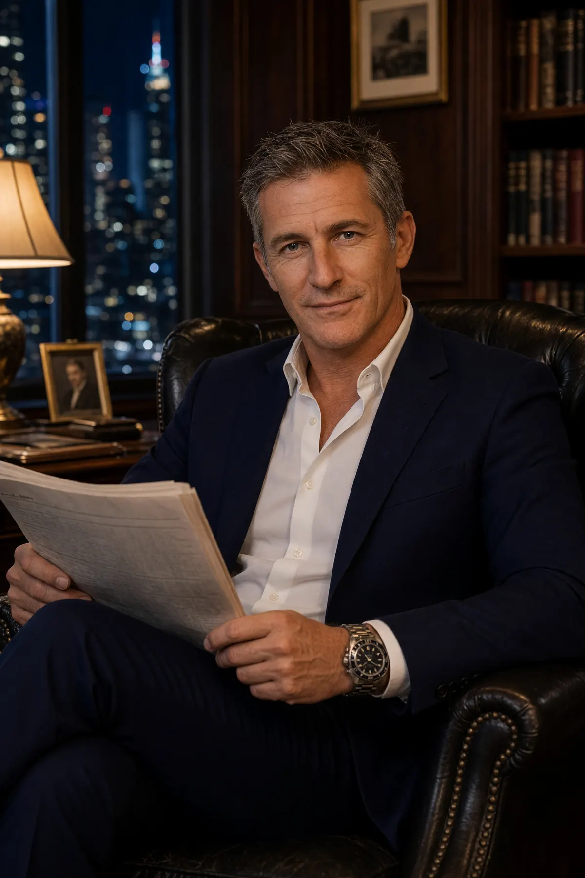 Ray Whitlock seated in a leather armchair in a wood-panelled office at night, holding a newspaper